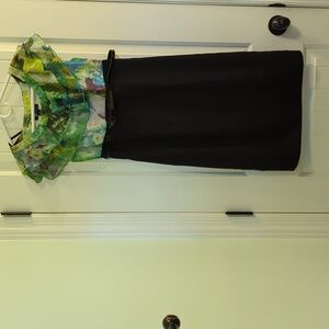 Women's dress, floral top, black skirt bottom